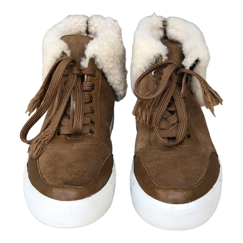 Via Spiga Maia Shearling Cuff Sneaker Rattan Napa/Suede‎  Size US 6M.